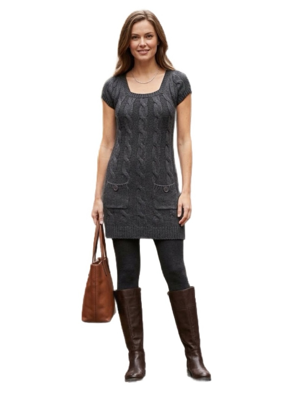 INC International Concepts Charcoal Gray Cable Knit Sweater Dress Tunic L